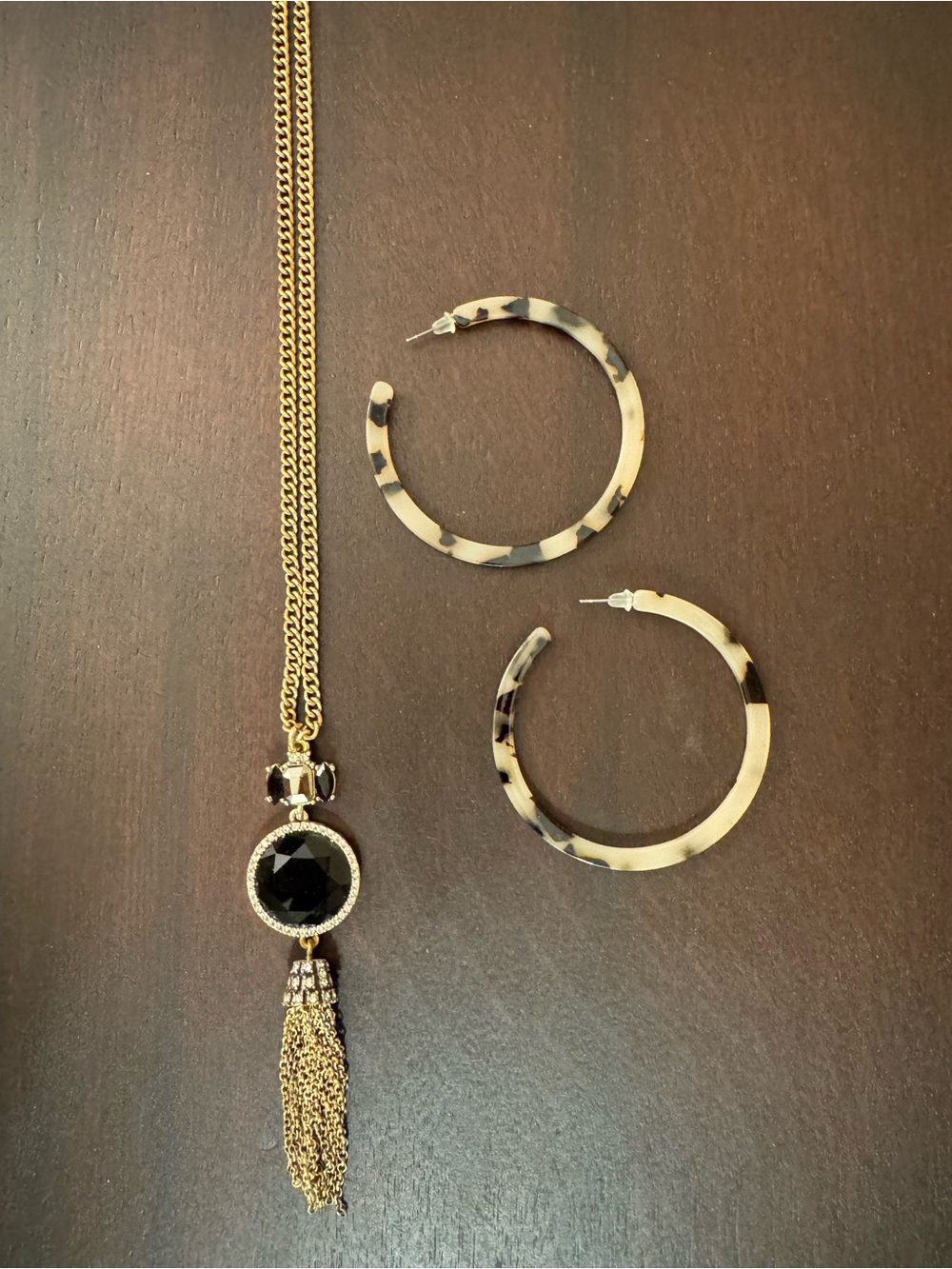 J.Crew Black Crystal Tassel Necklace + Tortoise Hoop Earrings